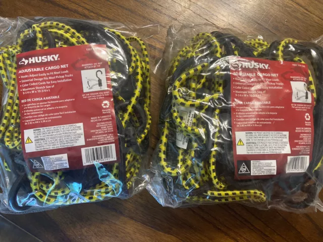 2pk Husky Adjustable Cargo Net Bungee Cord Tie-Down w/Hooks, Black/Yellow