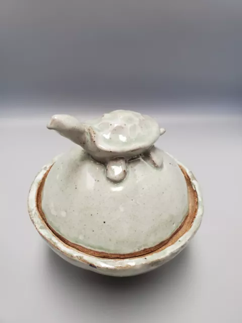 Studio Art Pottery Celadon Green Bowl Figural Turtle Lid  Rustic Stoneware 