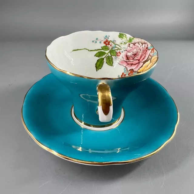 Vintage Aynsley Turquoise Handpainted Double Cabbage Rose Corset Teacup & Saucer 3