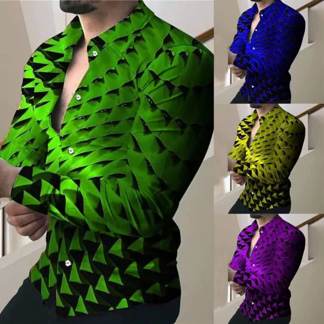 Trendy Herren Freizeit Langarm Knopfleiste 3D Druck schmale Passform Shirt Tops