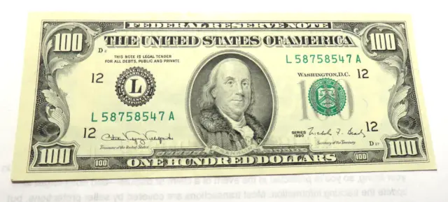 Series 1990 US One Hundred Dollar Note  - CRISP - PRINTED OFF CENTER ERROR