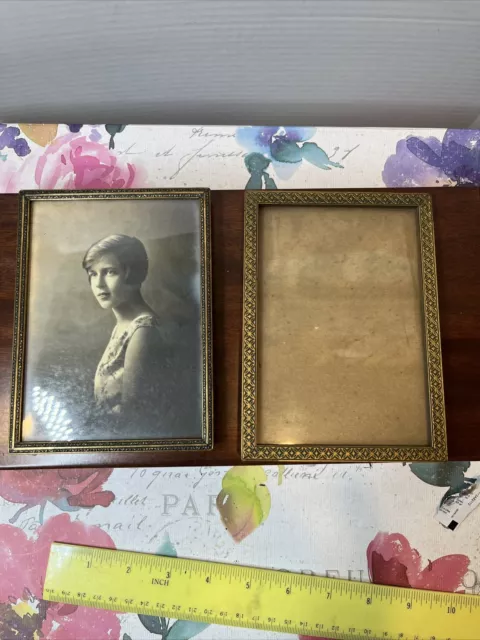 2 Two Metal brass Picture Portrait Frame 5X7" one has Vintage photo