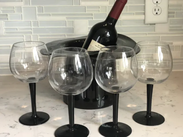 Murano Glass Mid Century Art Deco Black Top Hat Ice Bucket Cooler 4 Wine Glasses