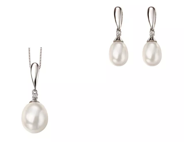 De Culture Perle et Diamant Pendentif & Boucles or Blanc 16 18 Ou 50.8cm Chaîne