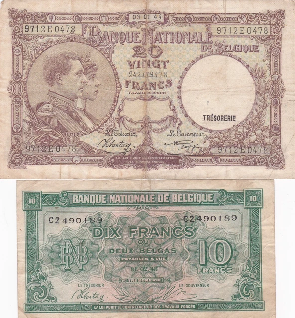 (2) Old Banknotes from Belgium; 20 Francs 1944; 10 Francs 1943