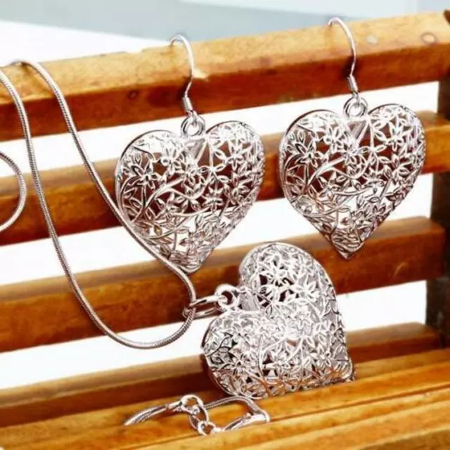 hot 925 sterling Silver Heart Necklace Earring Jewelry set Fashion women Charm
