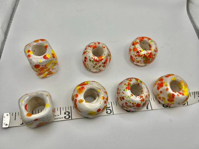 7 Vintage MCM MACRAME Craft BEAD Ceramic Clay 60s 70s Handmade Plant Hanger Boho
