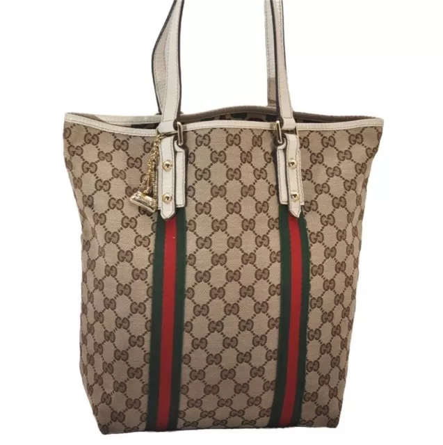 Authentic GUCCI Web Sherry Line Shoulder Tote Bag GG Canvas 162899 Brown 7050I