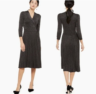 Kate Spade New York Faux Wrap Dress Metallic Silver Knit Pleated V Neck XS