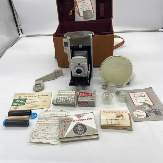 Vintage Polaroid Highlander Camera Model 80 w/ Leather Strap & Accessories