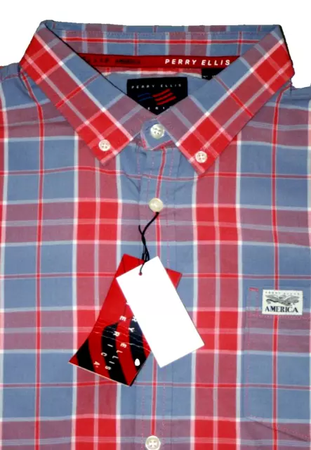 Perry Ellis America mens Long Sleeve dress shirt L LG 44 Red blue plaid NWT $79