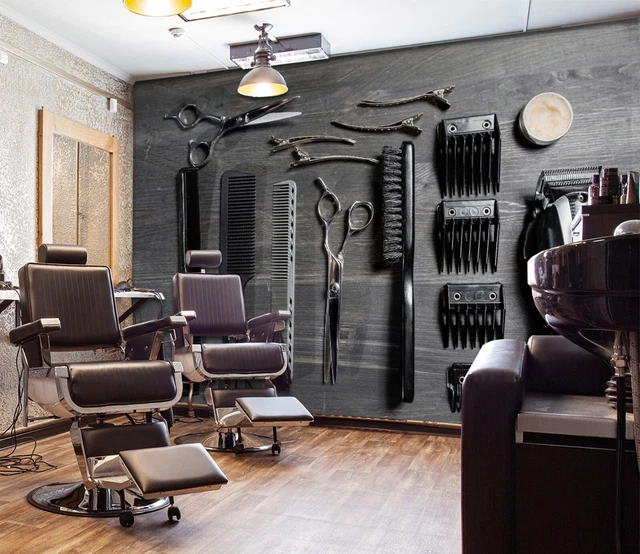 Papier Peint Adhésif 3D Pour Salon - Motif Coiffeur / Salon De Barbier Avec Panda, Déco Murale