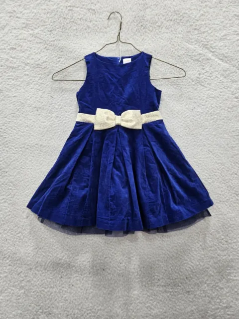 Gymboree Kid Dress 5 Blue Cotton Blend Sleeveless Velvet A-line Front Bow Party
