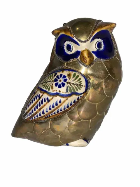 Decorative Detailed Mexican Folk Art Ceramic and Brass Owl Gold Blue White 6.5”