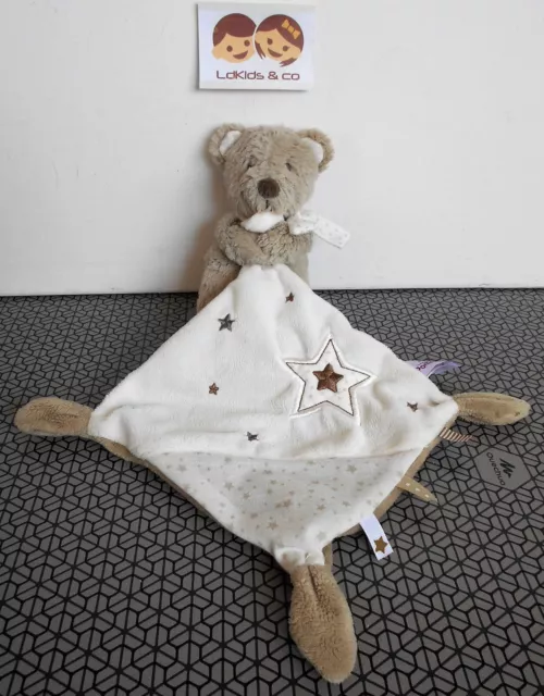 DOUDOU PELUCHE POMMETTE OURS MOUCHOIR BLANC BEIGE MARRON ETOILES 30 cm - D1327