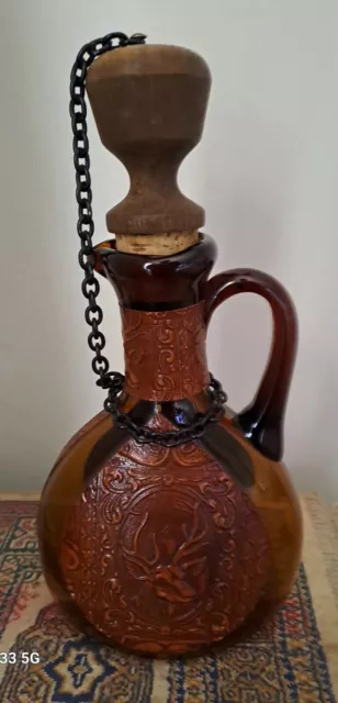 Vintage Hand Made Spanish Glass,Leather,Wood  Bottle,Carafe,Decanter