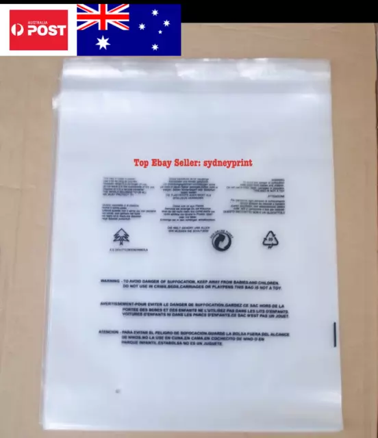 Self Adhesive Seal Clear PE Plastic Bags With Warning Words Tshirt Clothes AU