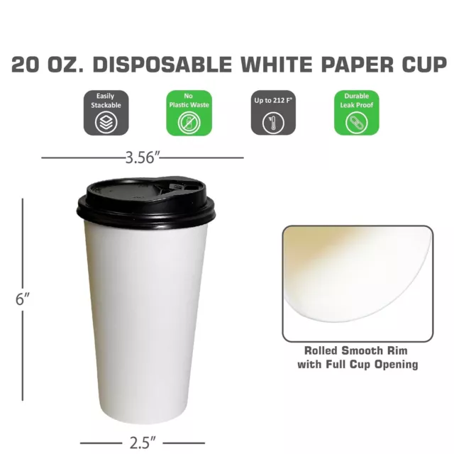 50 Ct. Eco Friendly White Poly Paper Hot Coffee Cups w/ Black Dome Lids 20 oz.