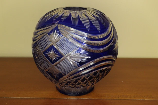 Vintage Bohemian Cobalt Blue Cut to Clear Crystal Large Centerpiece Bowl