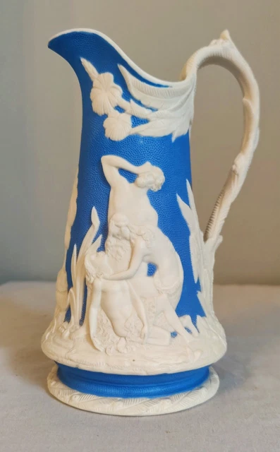 Antique Samuel Alcock Parian Ware Kane & Abel Adam & Eve Blue Relief Jug Jasper 2