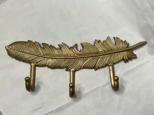Gold Painted Solid Metal Large 14" Feather Coat Hat Hanger Wall Hanging 3 hooks 2