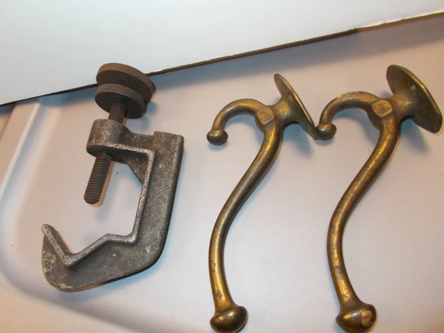Brass Pair of Coat Wall Hangers and Metal Adjustable Wrench Antique 1920s
