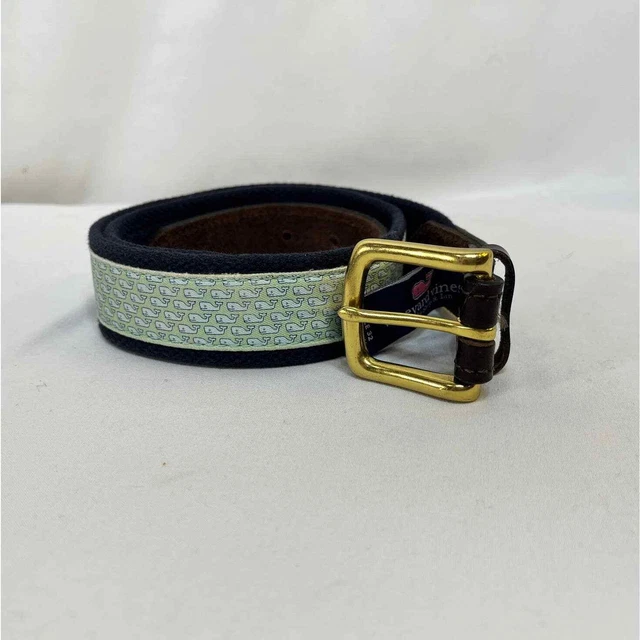 Vineyard Vines Belt Boys 32 Whale Logo Green Blue Canvas Brown Leather Brass
