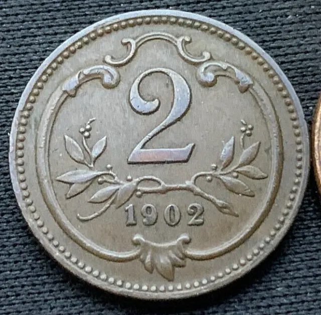 1902 Austria 2 Heller Coin AU  Habsburg  High Grade World Coin  #L112