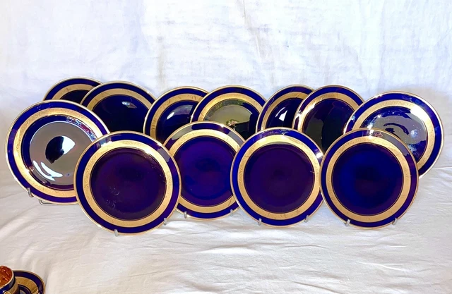 12 ASSIETTES A Dessert Porcelaine De Limoges Legle Incrustation Or Bleu