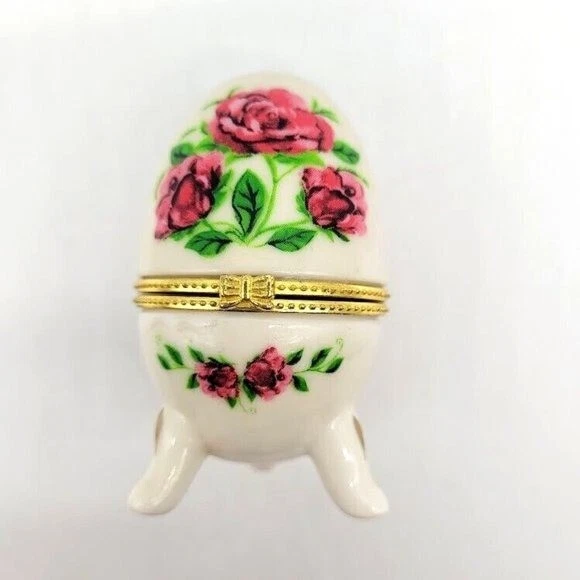 VTG 90s Porcelain Egg Shaped Footed Hinged Trinket Box with Roses Gold Trim Gift