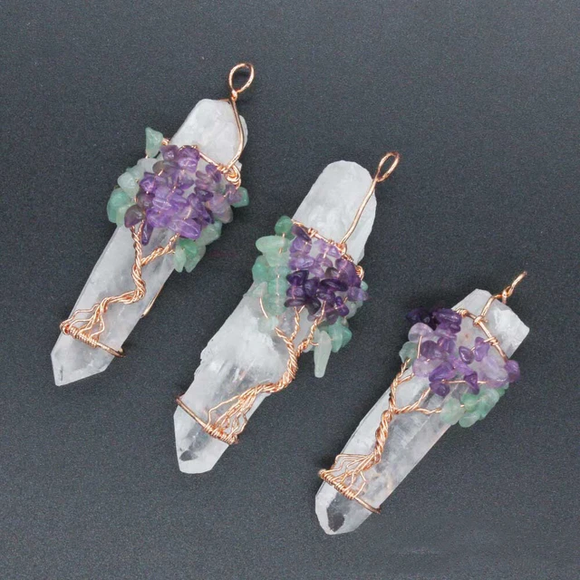 Natural Raw Stone Healing Crystal Tree of Life Wire Wrap Quartz Chakra Pendant 2