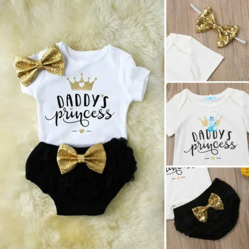 3PCS Newborn Baby Girl Romper Jumpsuit Tutu Pants Headband Outfit Clothes Set