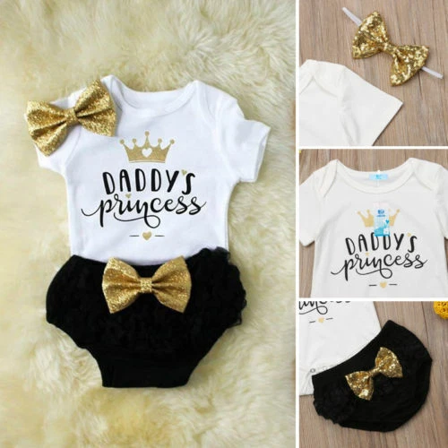 3PCS Newborn Baby Girl Romper Jumpsuit Tutu Pants Headband Outfit Clothes Set