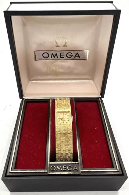 Vintage 1970s Gold Bark Ladies Manual Wind Omega Watch Integrated Bracelet