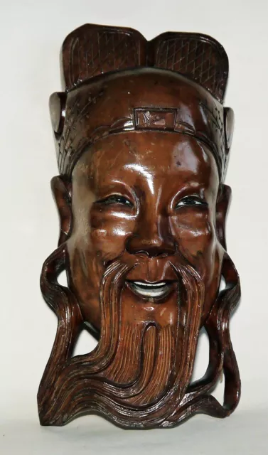 Old Unusual Oriental Chinese or Japanese Carved Wood Male Wall Hanging Figurine