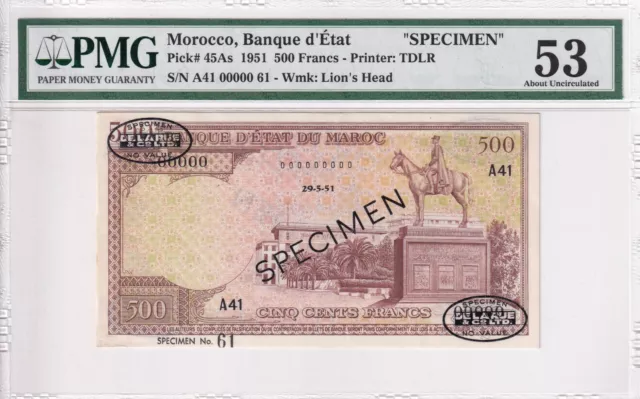 Morocco, 500 Francs, 1951, AUNC, p45As, SPECIMEN
