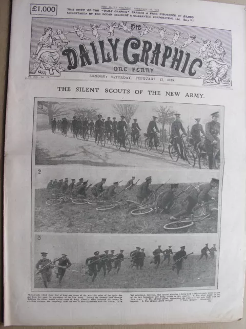 1915 February 13 DAILY GRAPHIC NEWSPAPER Bicycle Scouts, Belgium Air Raid, Rugby