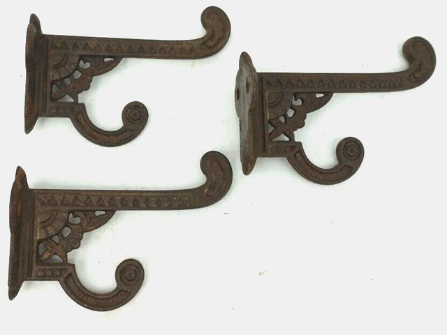 3 EASTLAKE Ornate Cast Iron Hall Tree Double Hooks Coat Holders Wall Hat Rack