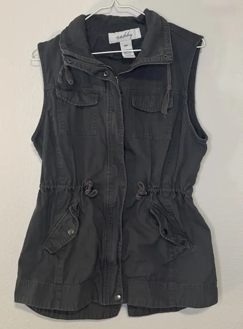 Sebby Utility Vest Womens Gray Multi Pocket Snap Zip Front Drawstring Medium