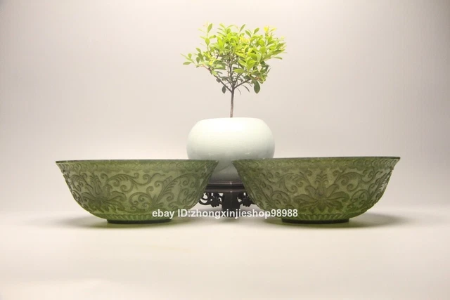 16cm Dynasty palace Exquisite Carving Natural Green Hetian Jade Tea cup Bowl