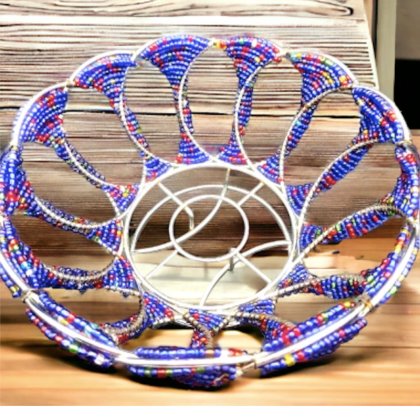 South African Handmade Glass Beaded Wire Decorative Metal Fruit Basket, Blue