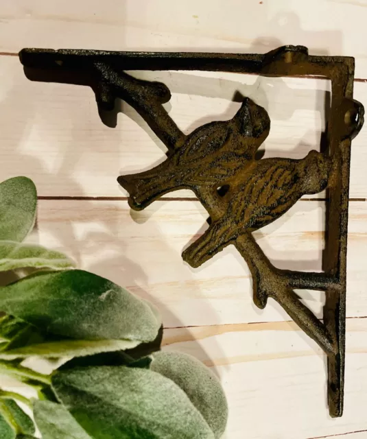 Pair 2 Cast Iron Antique-Rust Brown BIRD on BRANCH Brackets Braces Shelf corbels 7