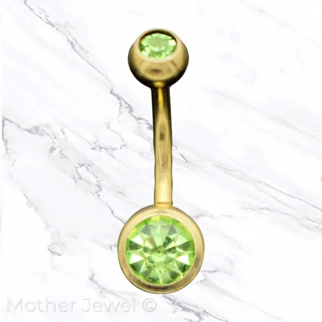 14G Yellow Gold Gp Surgical Steel Green Cz Barbell Belly Button Navel Ring