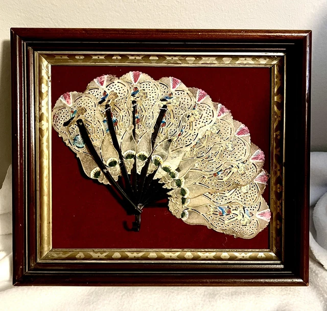 Hand Painted 1880’s Indonesian Hand Fan Pierced Vellum Displayed Old Wood Frame