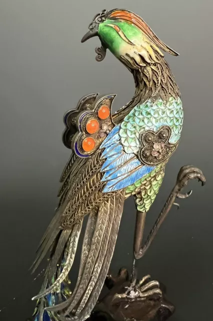 CHINESE FILIGREE SILVER Gilt Cloisonne Enamel Bird Figurine Phoenix ...