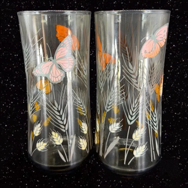 Vintage Libbey Juice Glasses Monarch Butterfly Wheat Tumbler Smoke Glass Set 2 2
