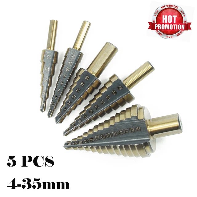 5 Pieces HSS Step Large Titanium Cone Drill Hole Cutter Bit Set Tool + Box NEW