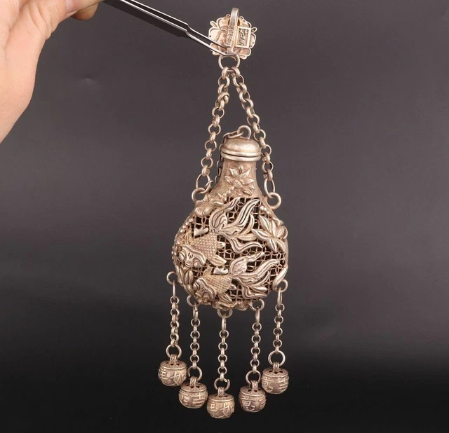 Tibetan Silver Fish Statue Hollow Snuff Bottle Pendant Small Bell Collection S