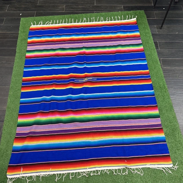 Vintage Serape Mexican Blanket, Saltillo Southwestern 77 x 60 Inches