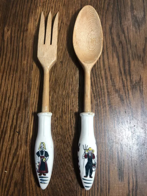 Vintage Wood/Ceramic Salad Server Set Hand Painted FARMER Couple FOLK ART
